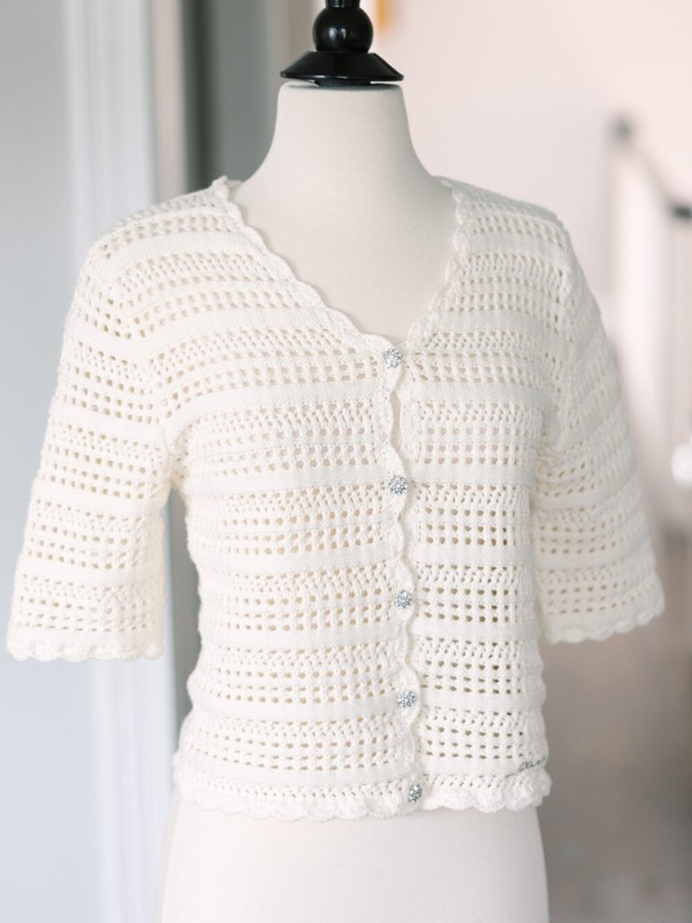 GANNI Ivory Rhinestone Cotton Pointelle Cardigan | Egret | XS | $395 Retail | NW